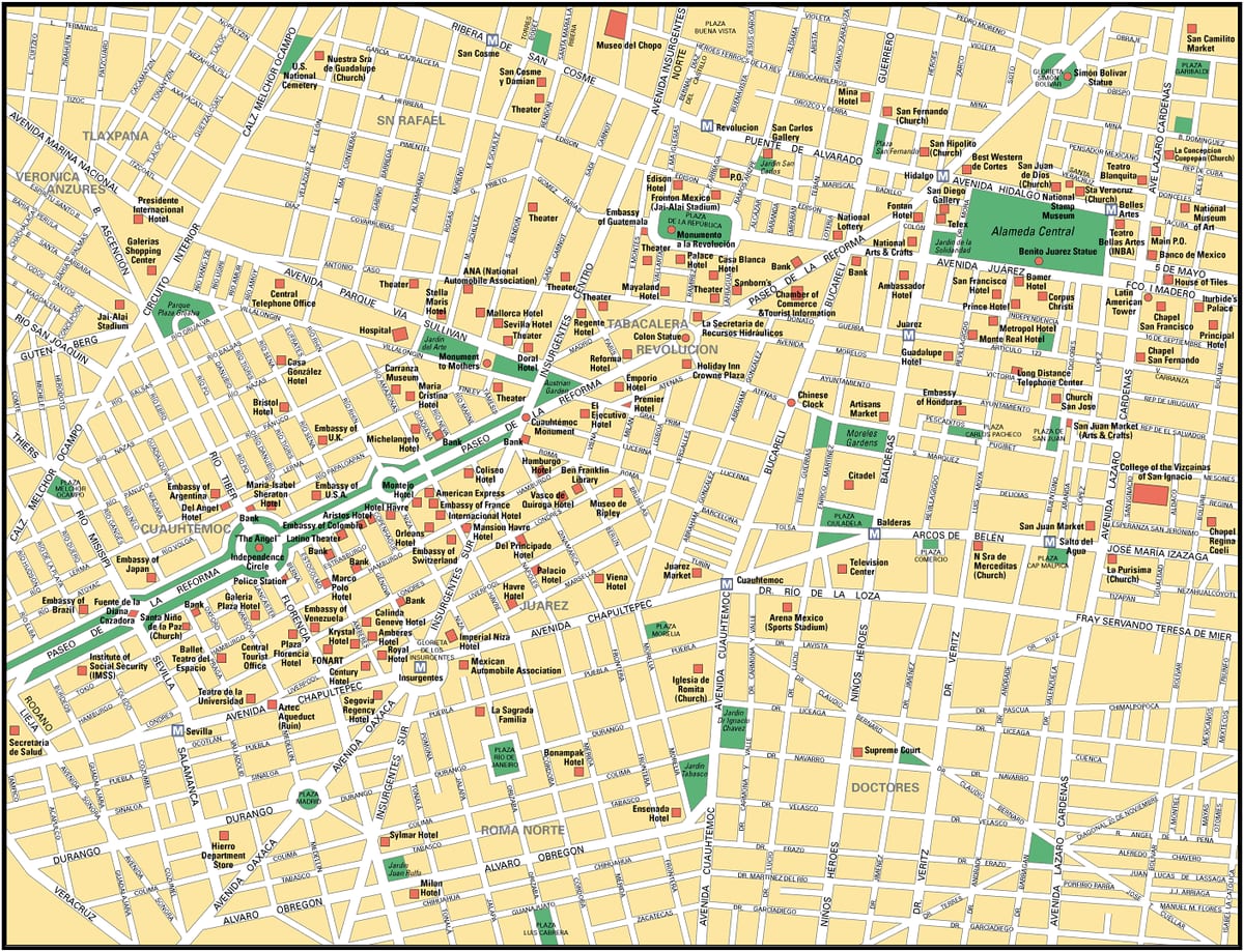 Toeristische kaart van Mexico-Stad met bezienswaardigheden, musea, monumenten en trekpleisters