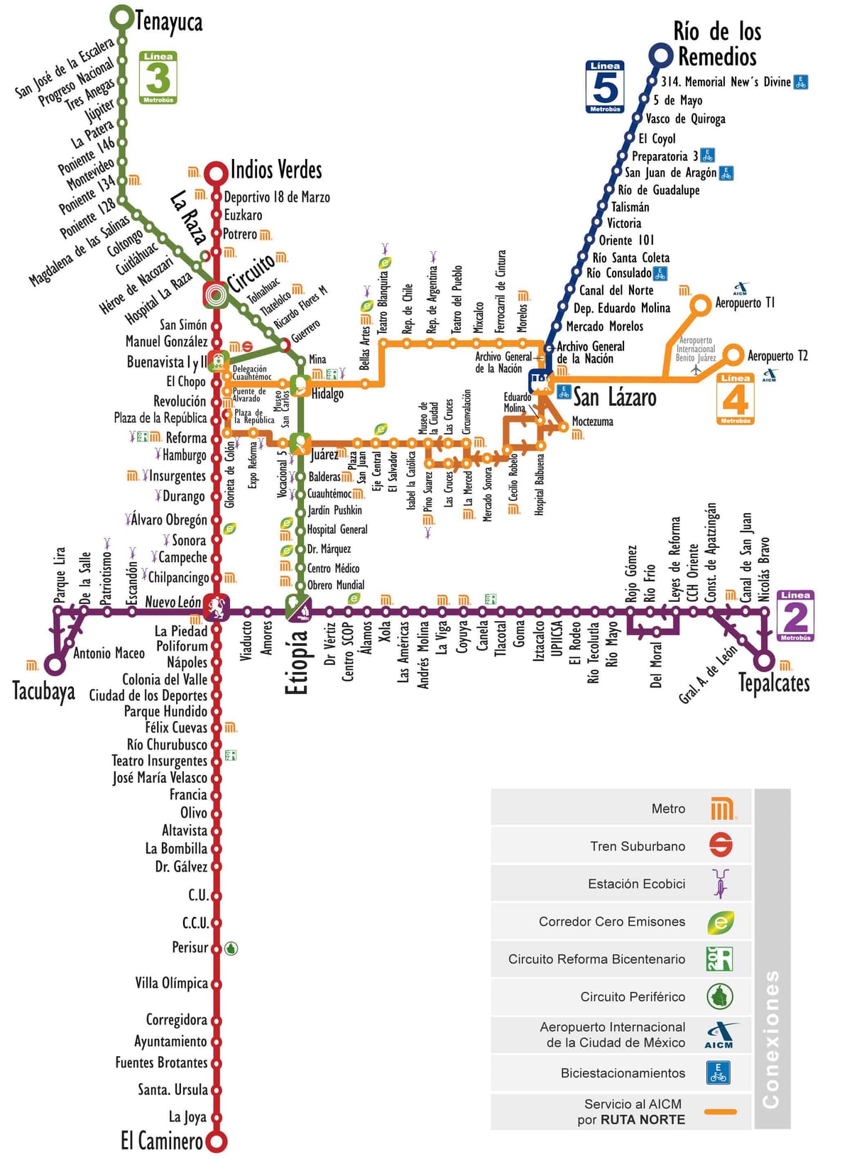 Kaart van het Metrobús-net van Mexico-Stad