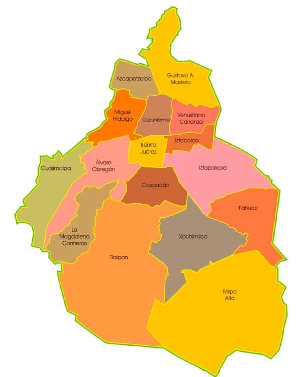 Kaart van de stadsdelen en districten van Mexico-Stad
