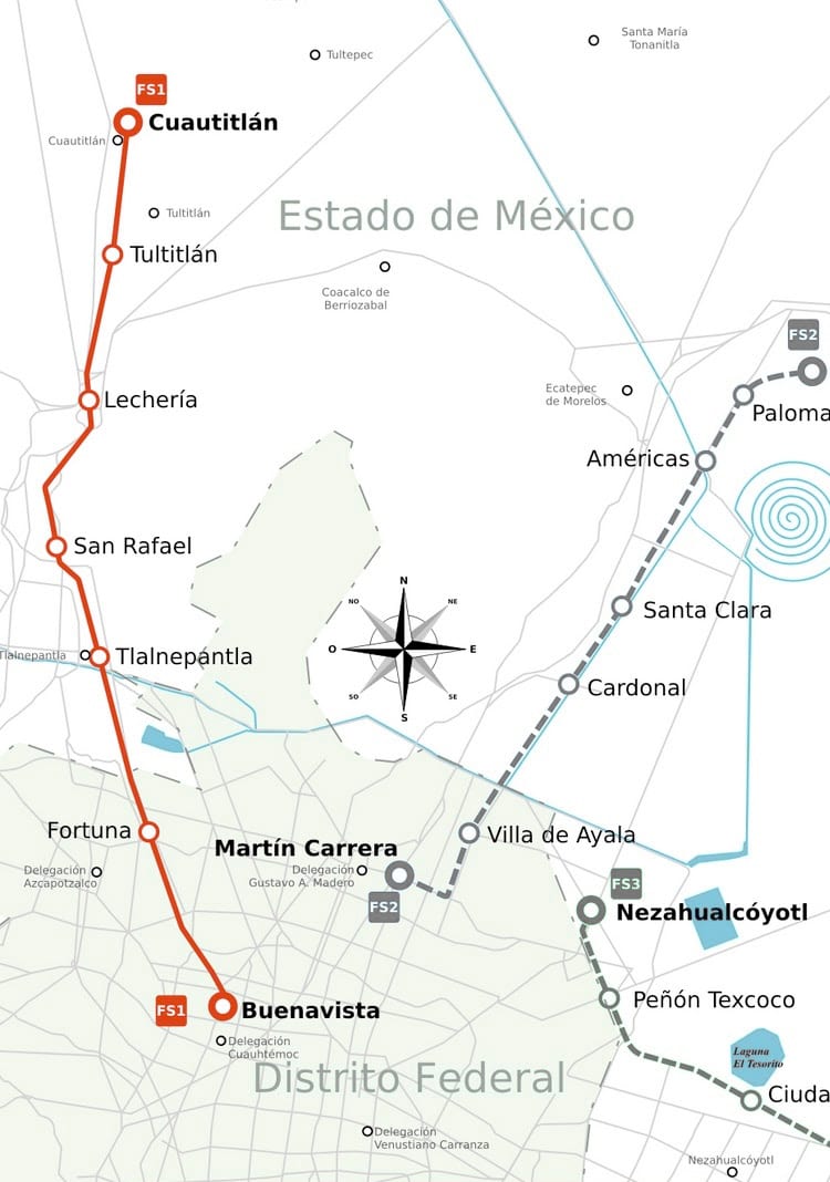 Kaart van het trein-, stads- en voorstadsspoornet van Mexico-Stad