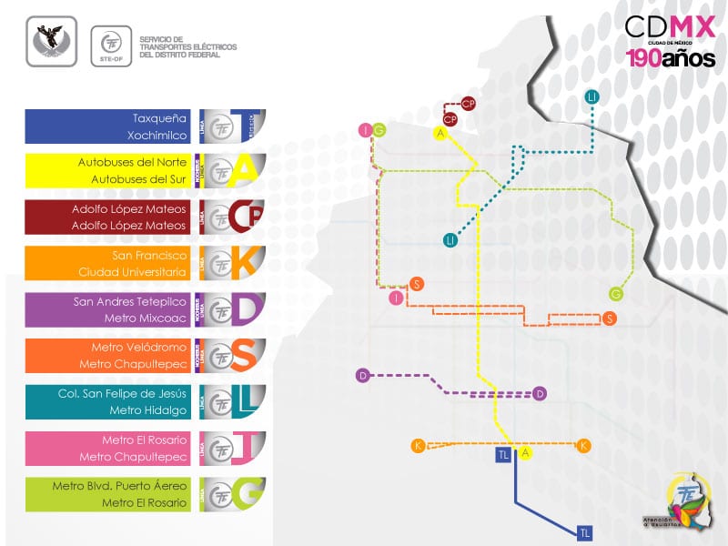 Kaart van het trolleybusnet van Mexico-Stad